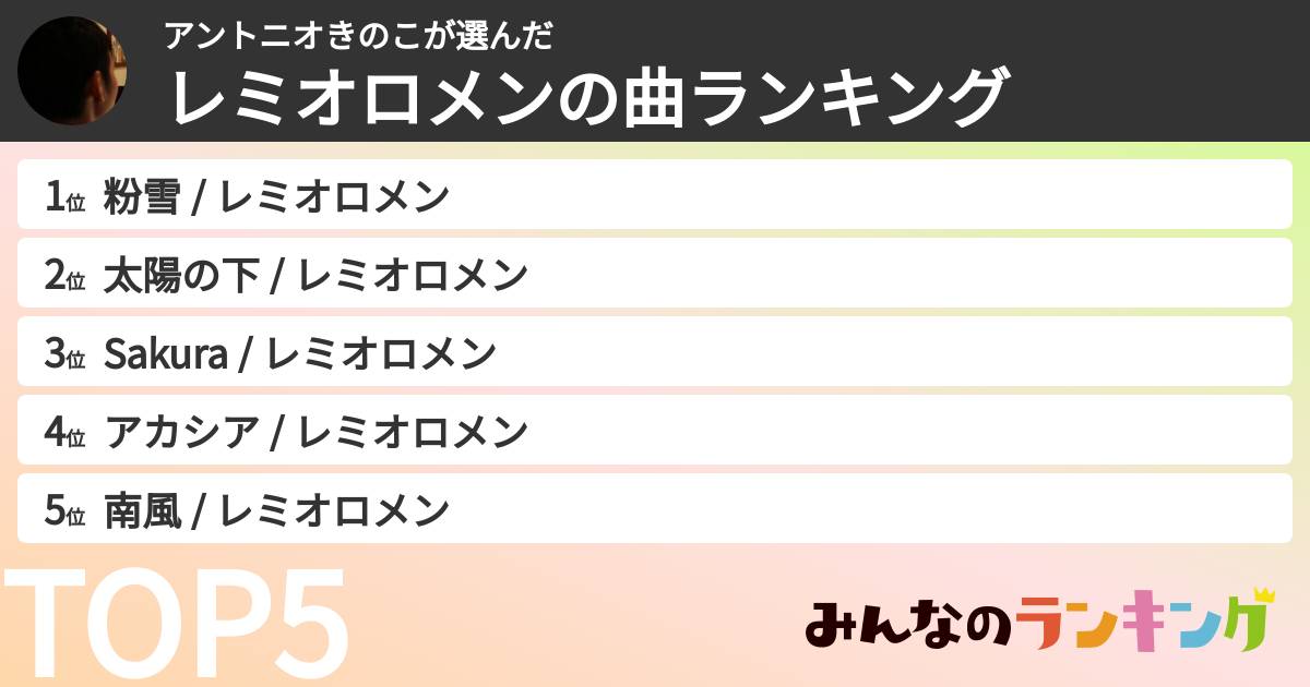 アントニオきのこさんの「レミオロメンの曲ランキング」