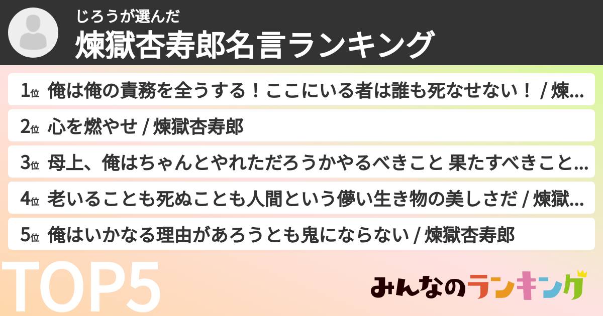 じろうさんの「煉獄杏寿郎名言ランキング」