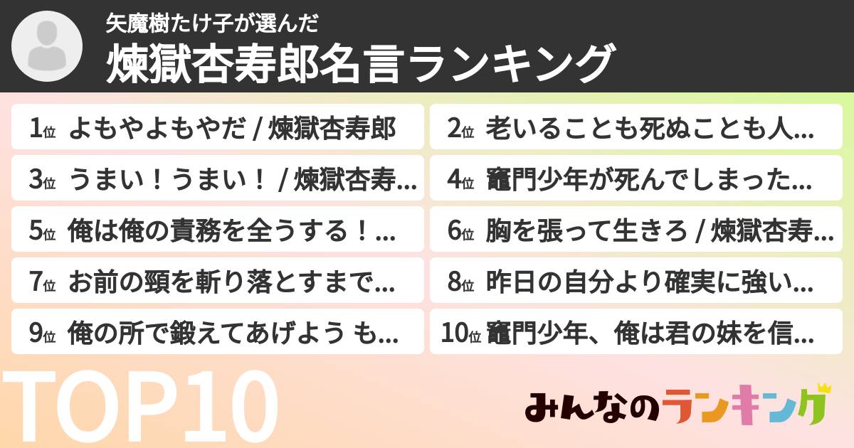 矢魔樹たけ子さんの「煉獄杏寿郎名言ランキング」