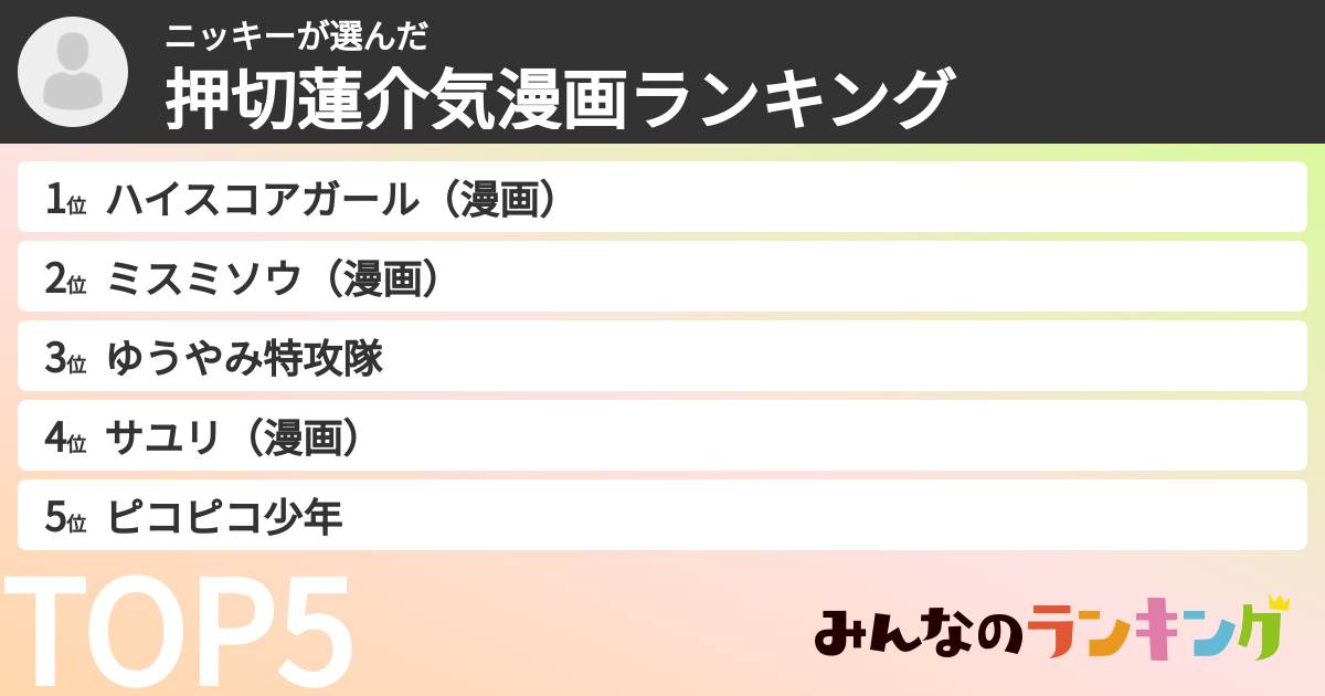 ニッキーさんの「押切蓮介気漫画ランキング」