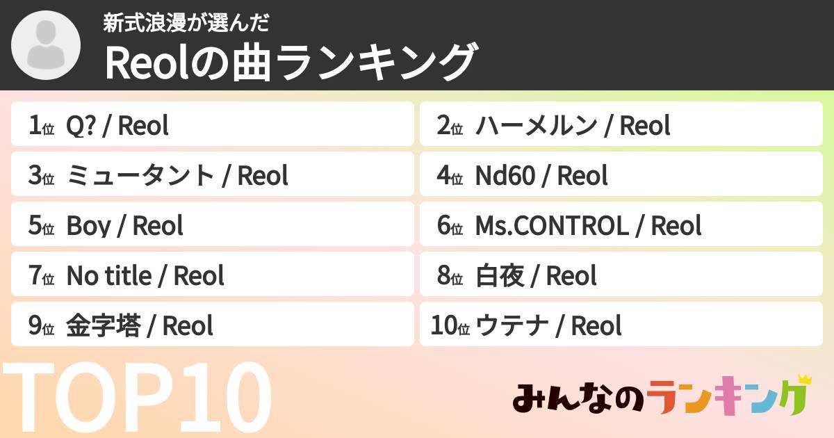 新式浪漫さんの「Reolの曲ランキング」