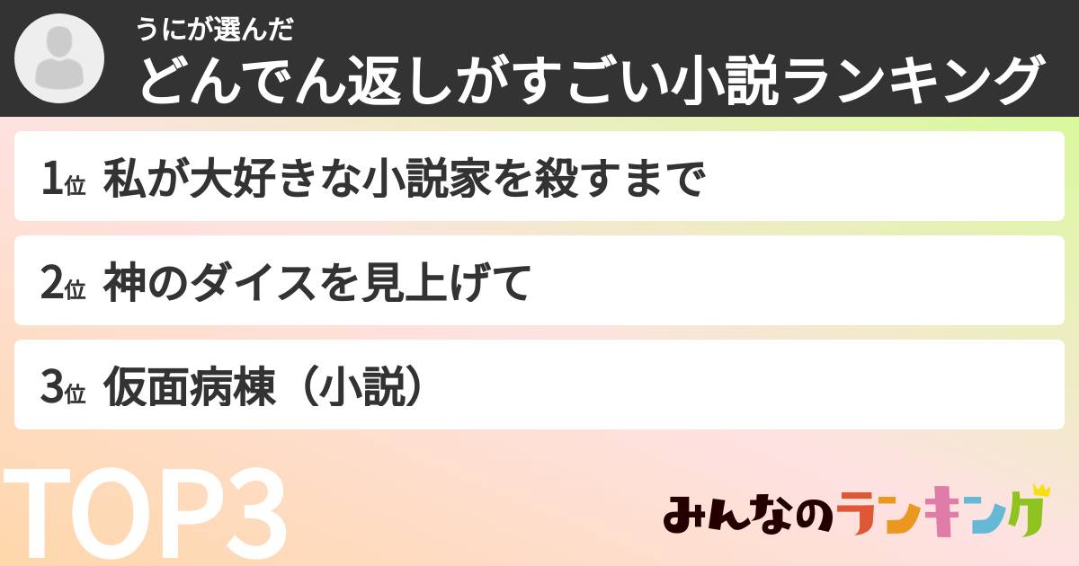 うにさんの「どんでん返しがすごい小説ランキング」