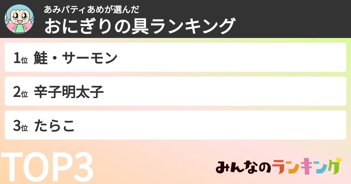 あみパティあめさんの「おにぎりの具ランキング」