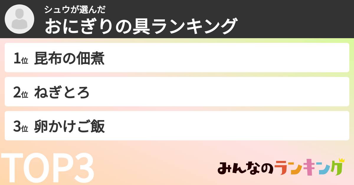 シュウさんの「おにぎりの具ランキング」