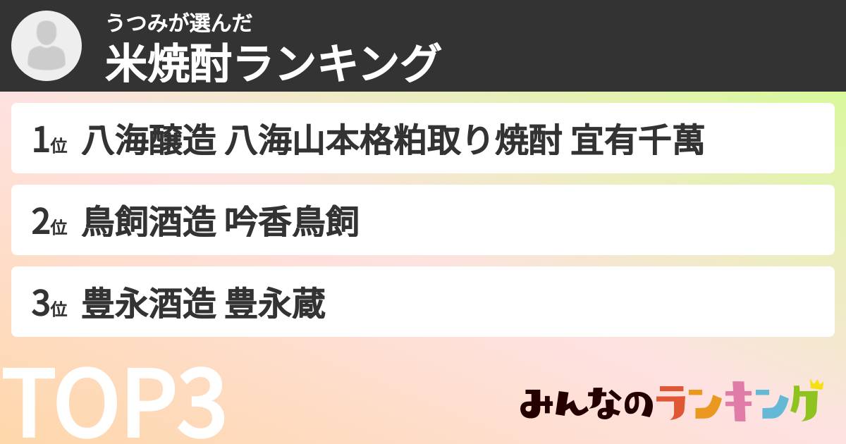 うつみさんの「米焼酎ランキング」