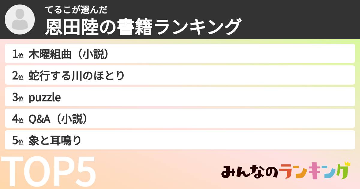 てるこさんの「恩田陸の書籍ランキング」
