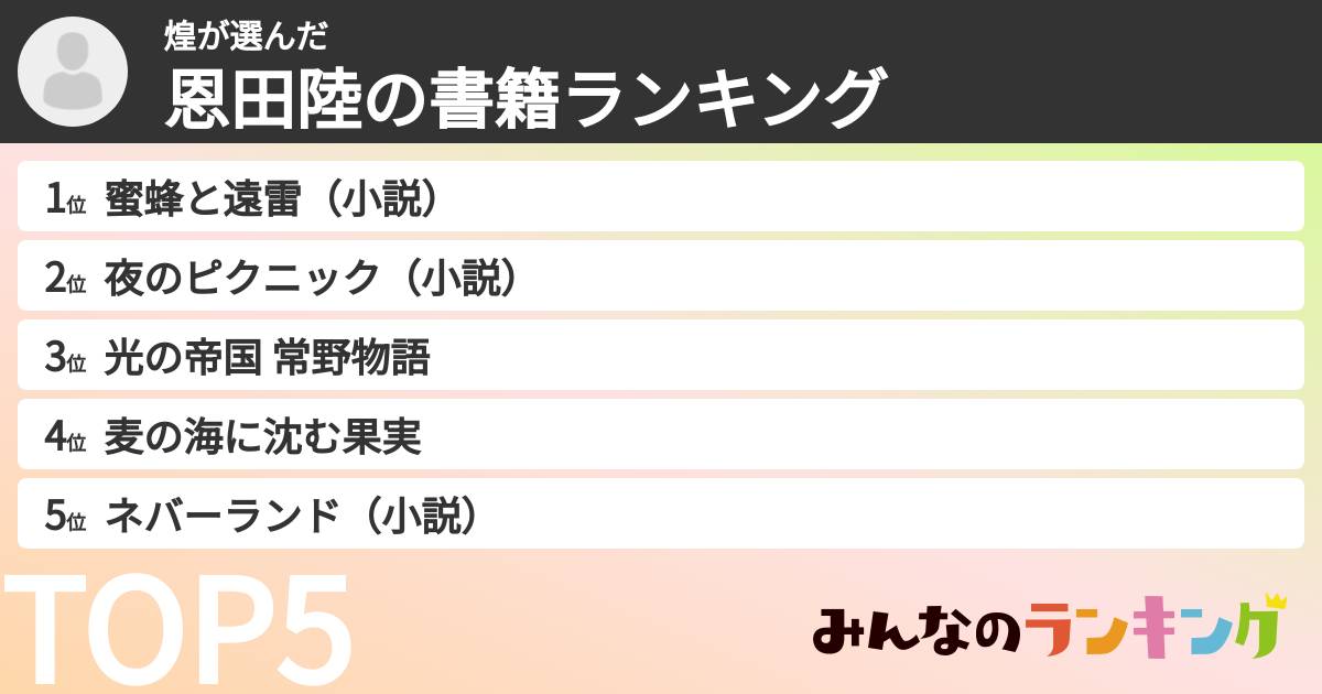 煌さんの「恩田陸の書籍ランキング」