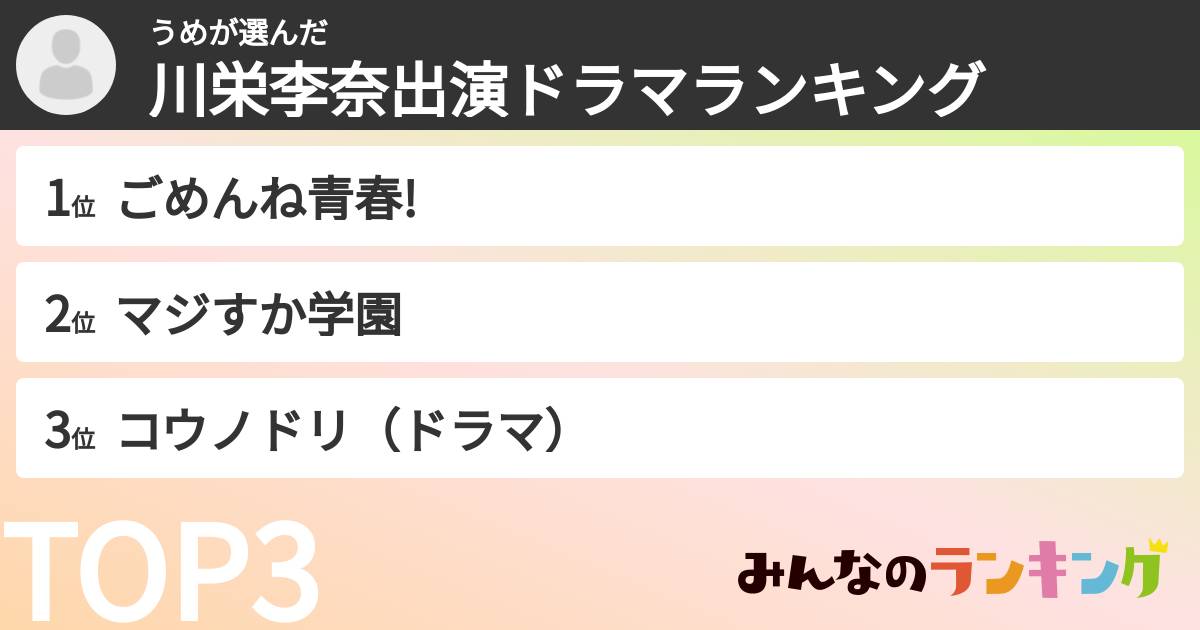 うめさんの「川栄李奈出演ドラマランキング」