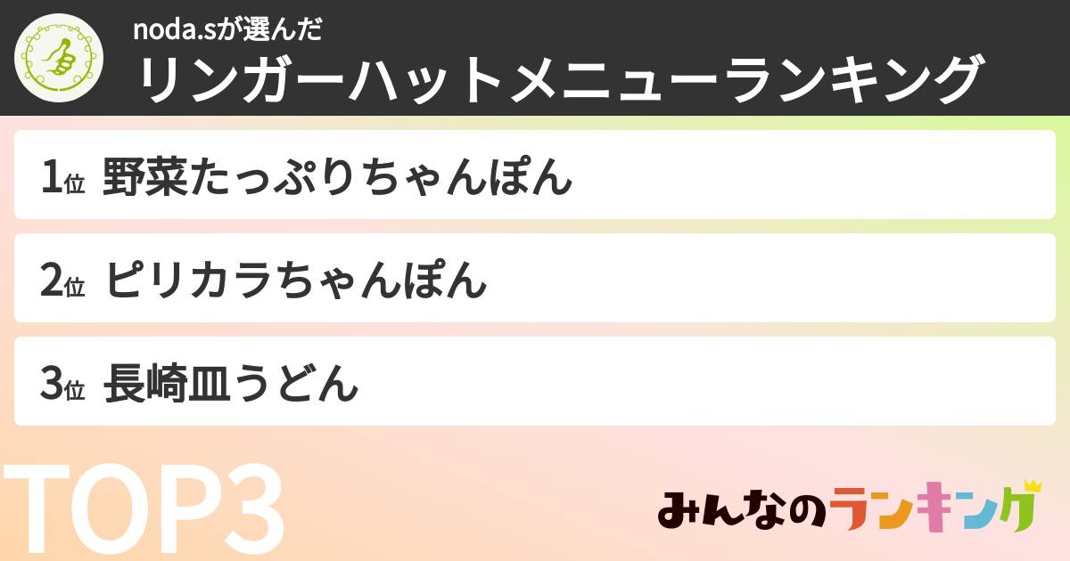 noda.sさんの「リンガーハットメニューランキング」