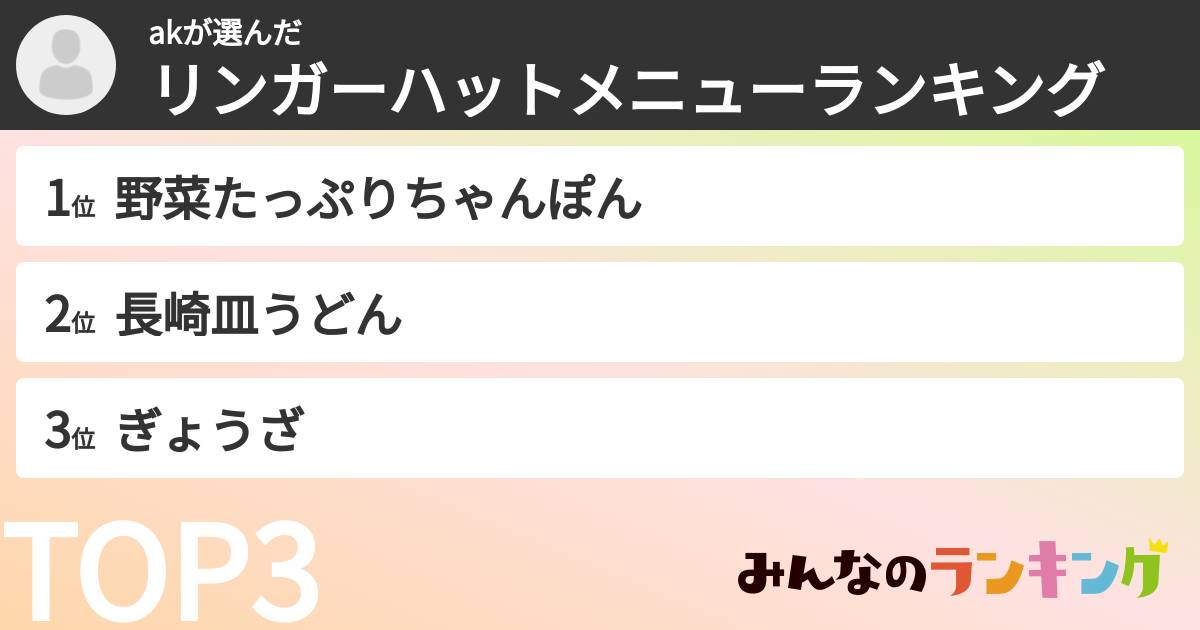 akさんの「リンガーハットメニューランキング」