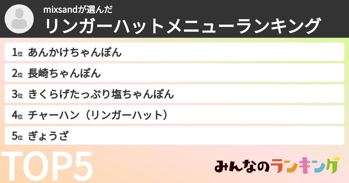 mixsandさんの「リンガーハットメニューランキング」