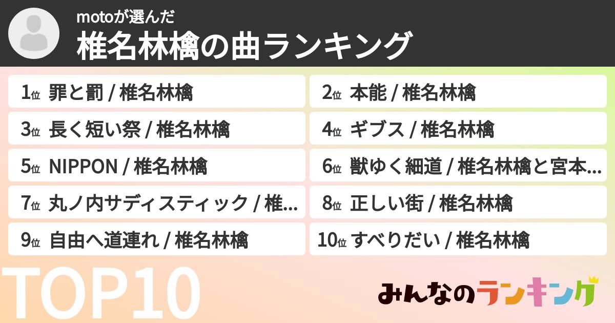 motoさんの「椎名林檎の曲ランキング」