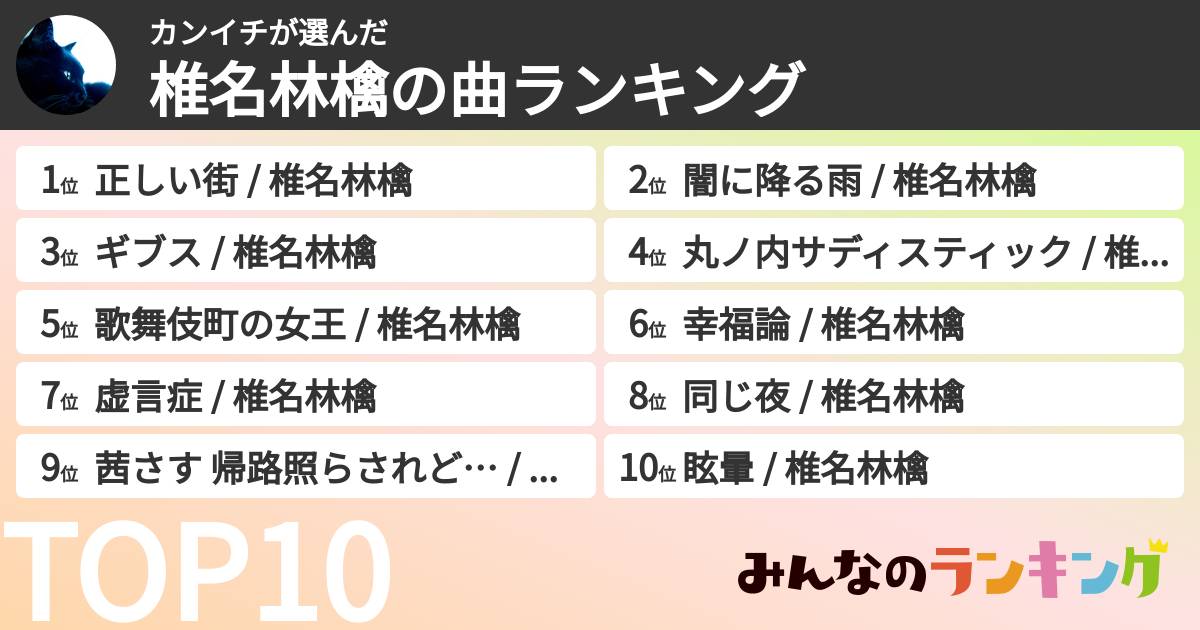 カンイチさんの「椎名林檎の曲ランキング」