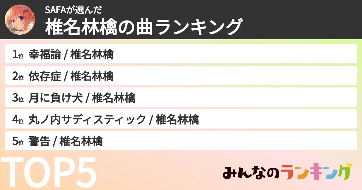 SAFAさんの「椎名林檎の曲ランキング」