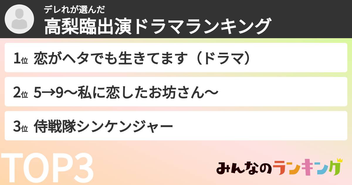 デレれさんの「高梨臨出演ドラマランキング」