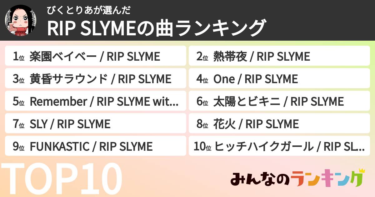 びくとりあさんの「RIP SLYMEの曲ランキング」