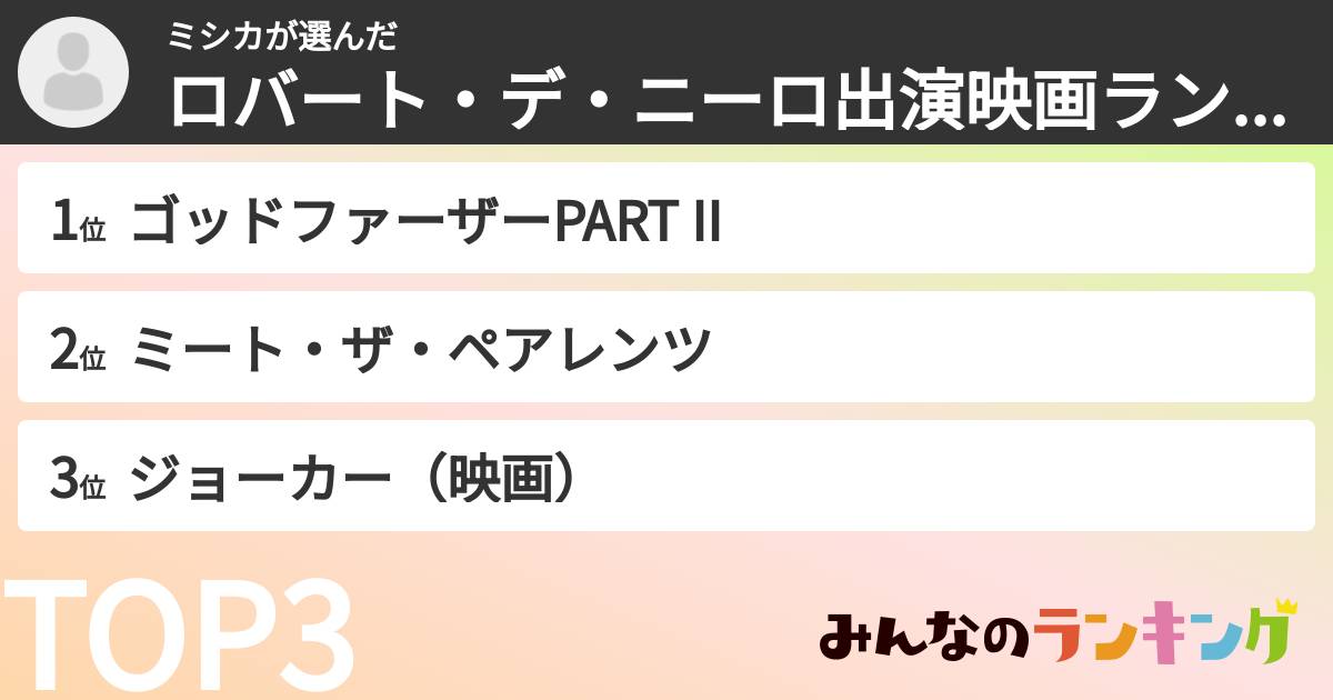 ミシカさんの「ロバート・デ・ニーロ出演映画ランキング」