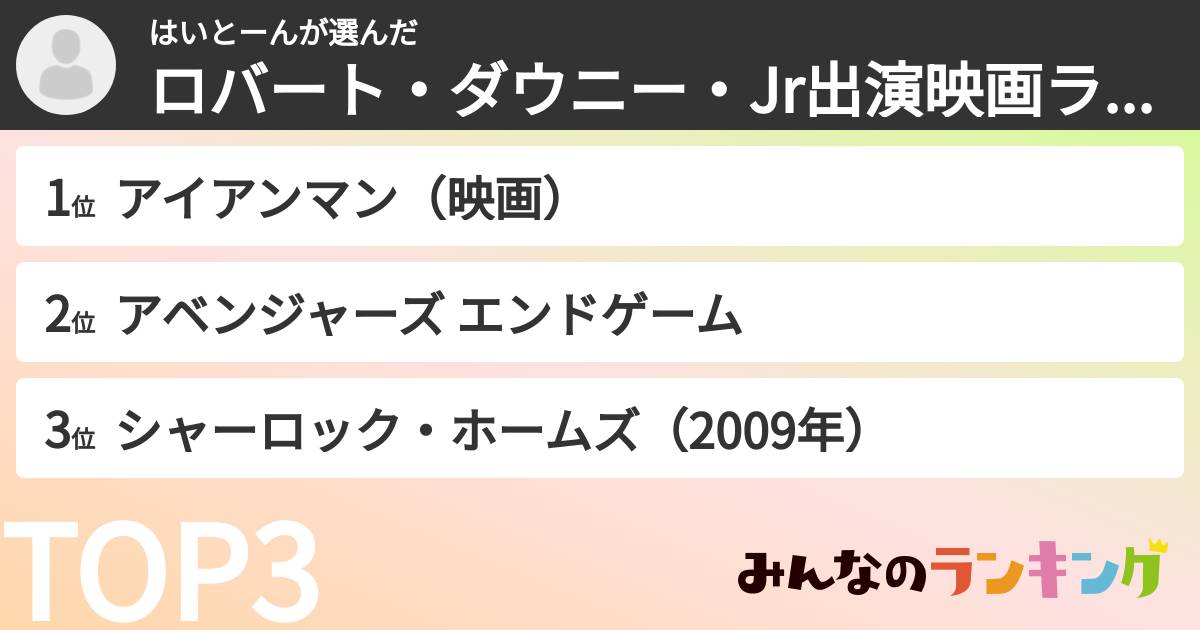 はいとーんさんの「ロバート・ダウニー・Jr出演映画ランキング」