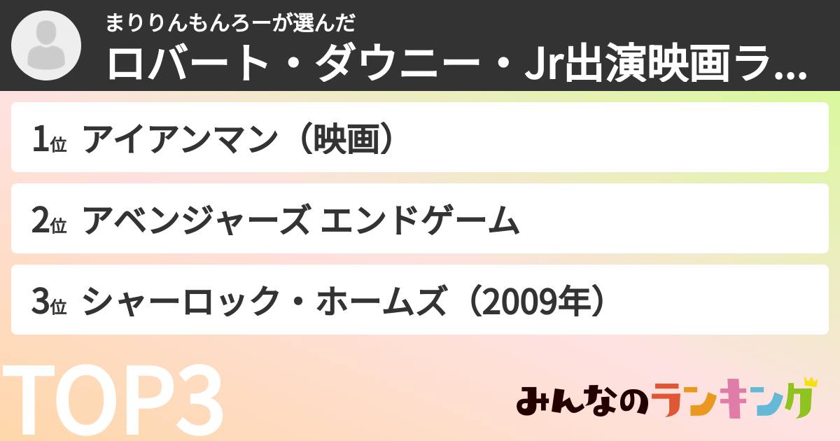 まりりんもんろーさんの「ロバート・ダウニー・Jr出演映画ランキング」