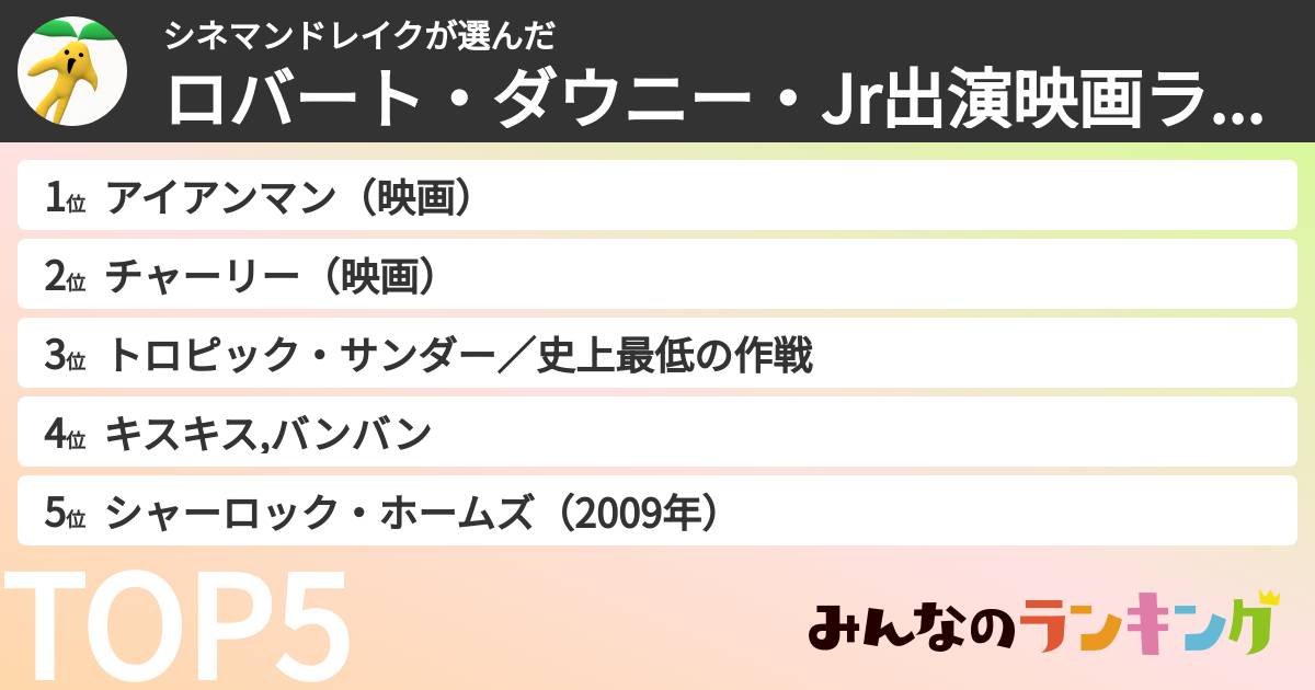 シネマンドレイクさんの「ロバート・ダウニー・Jr出演映画ランキング」