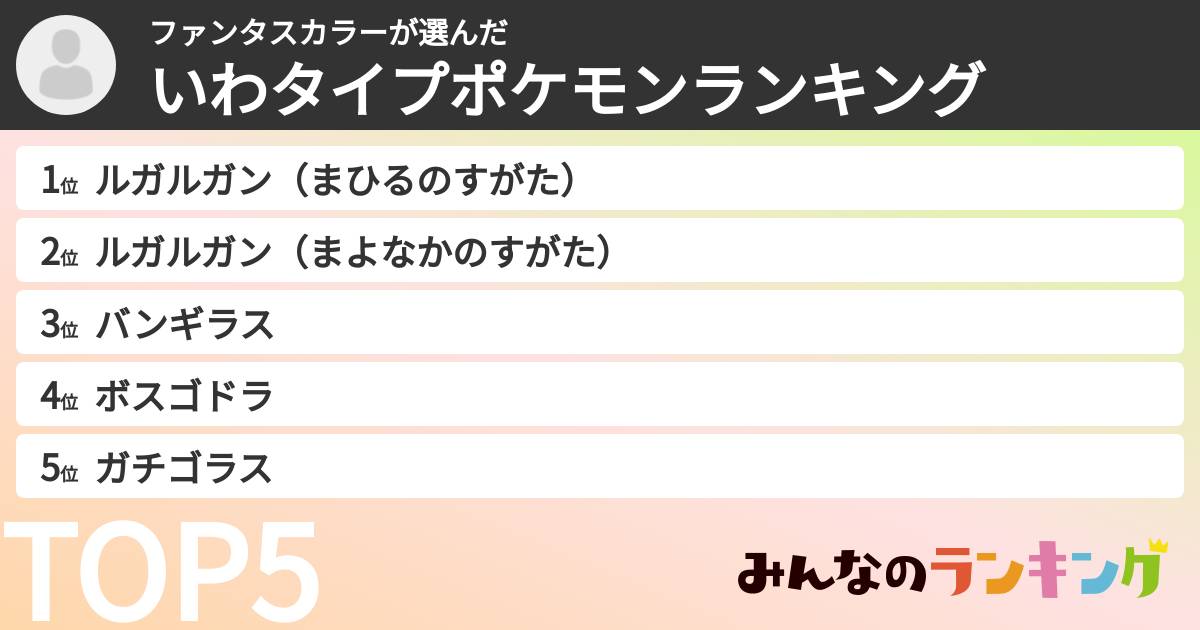 ファンタスカラーさんの「いわタイプポケモンランキング」