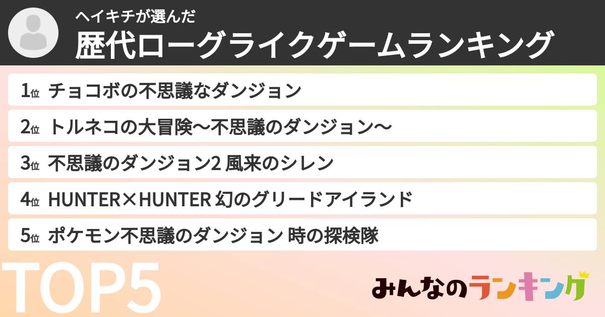ヘイキチさんの「歴代ローグライクゲームランキング」