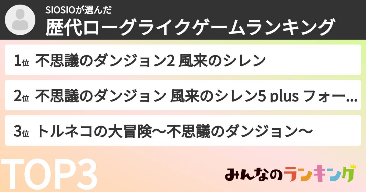 SIOSIOさんの「歴代ローグライクゲームランキング」