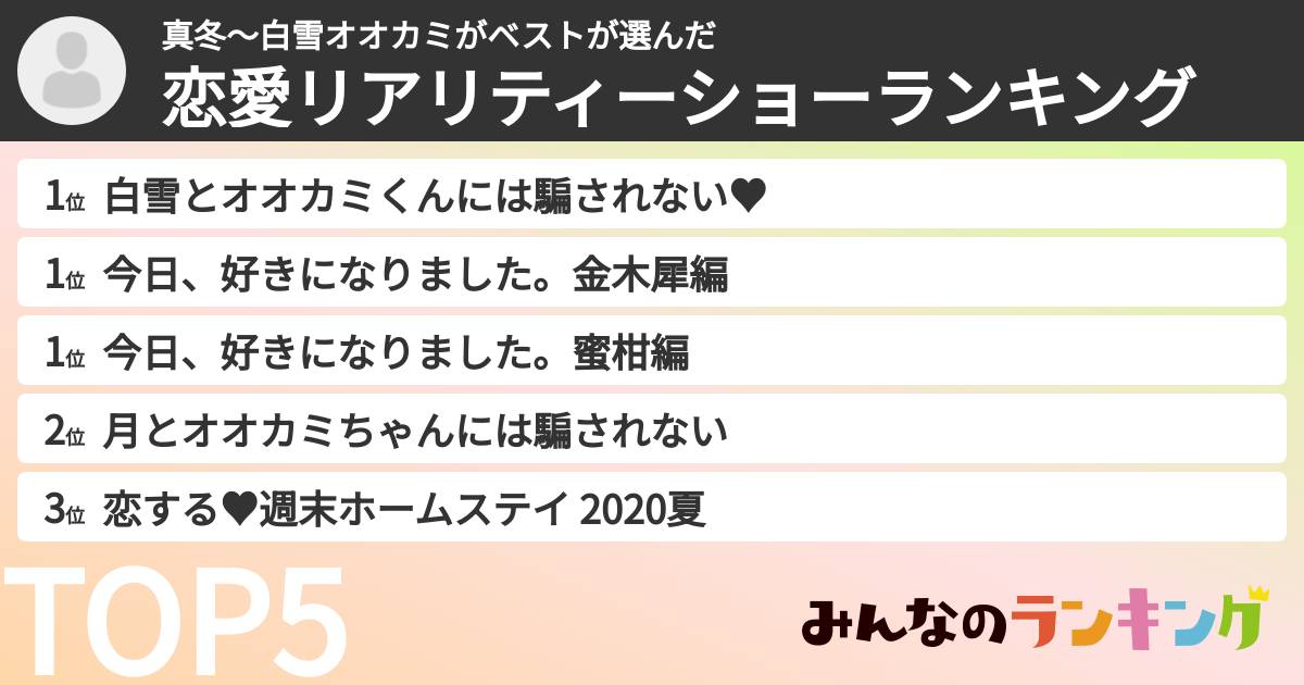 真冬～白雪オオカミがベストさんの「恋愛リアリティーショーランキング」
