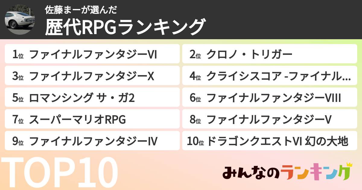 佐藤まーさんの「歴代RPGランキング」