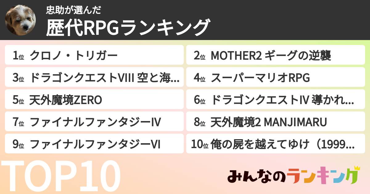 忠助さんの「歴代RPGランキング」