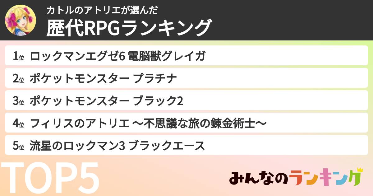 カトルのアトリエさんの「歴代RPGランキング」