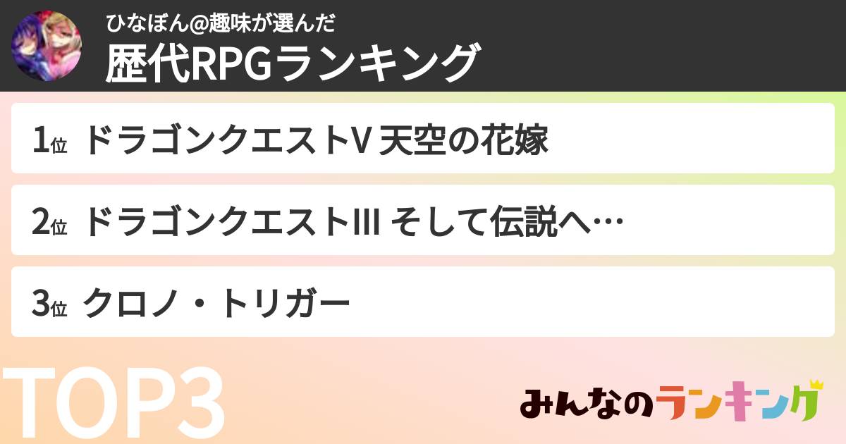 ひなぼん@趣味さんの「歴代RPGランキング」