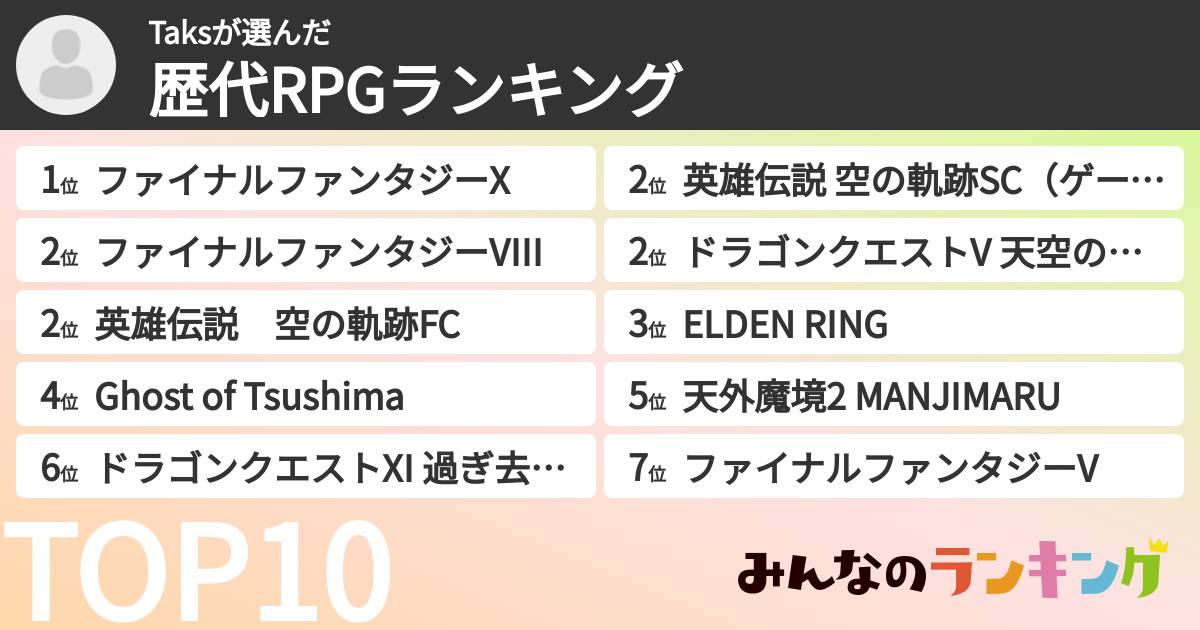 Taksさんの「歴代RPGランキング」