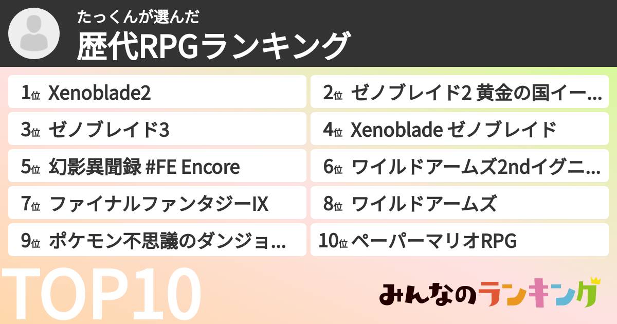 たっくんさんの「歴代RPGランキング」