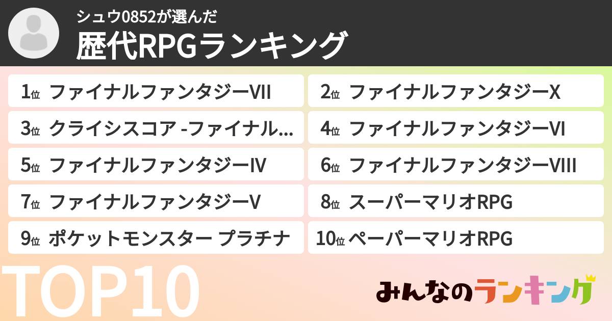 シュウ0852さんの「歴代RPGランキング」