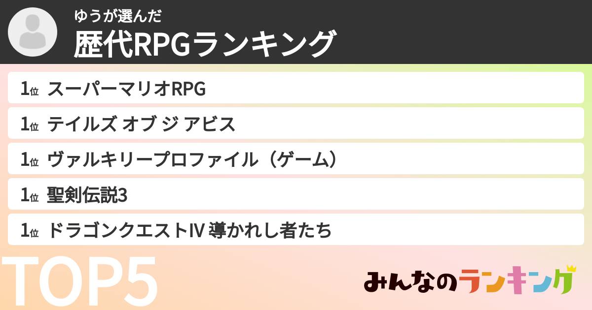ゆうさんの「歴代RPGランキング」