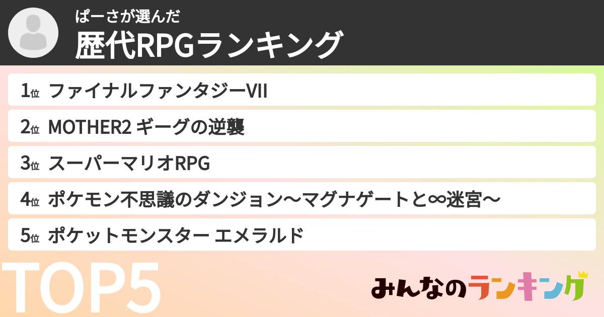 ぱーささんの「歴代RPGランキング」