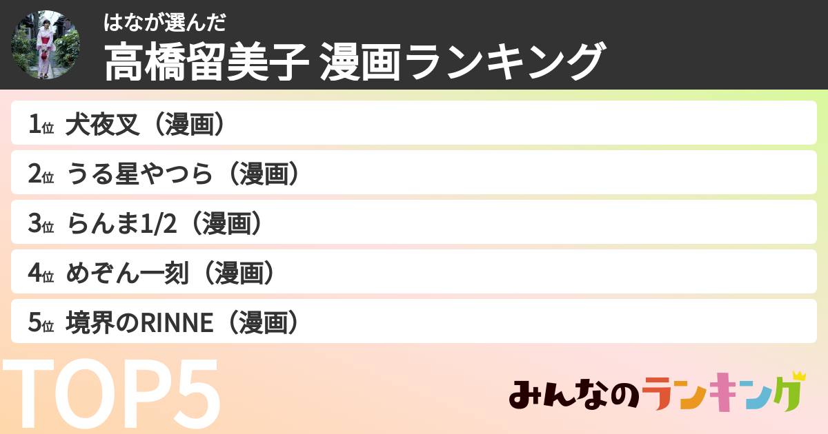 はなさんの「高橋留美子 漫画ランキング」