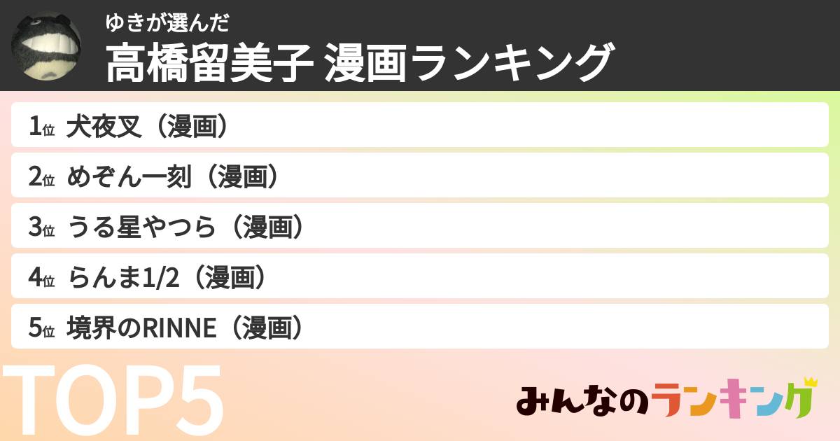 ゆきさんの「高橋留美子 漫画ランキング」
