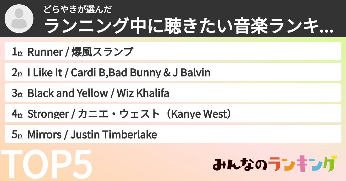 どらやきさんの「ランニング中に聴きたい音楽ランキング」