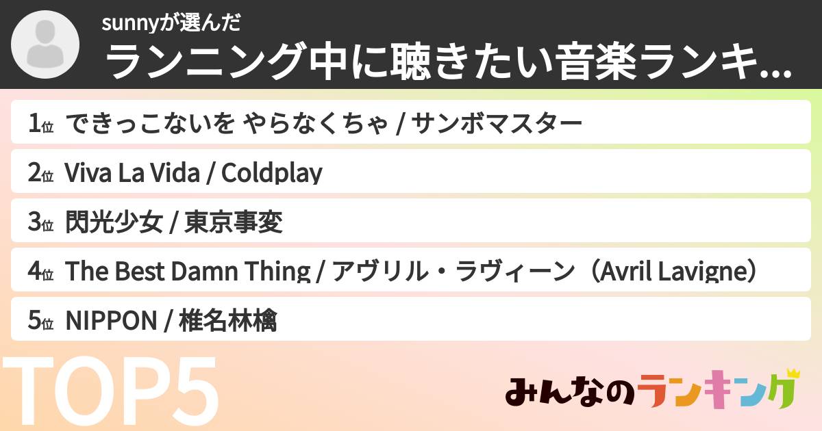 sunnyさんの「ランニング中に聴きたい音楽ランキング」
