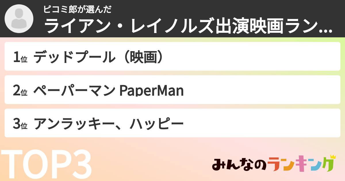 ピコミ郎さんの「ライアン・レイノルズ出演映画ランキング」