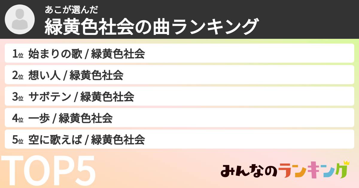 あこさんの「緑黄色社会の曲ランキング」