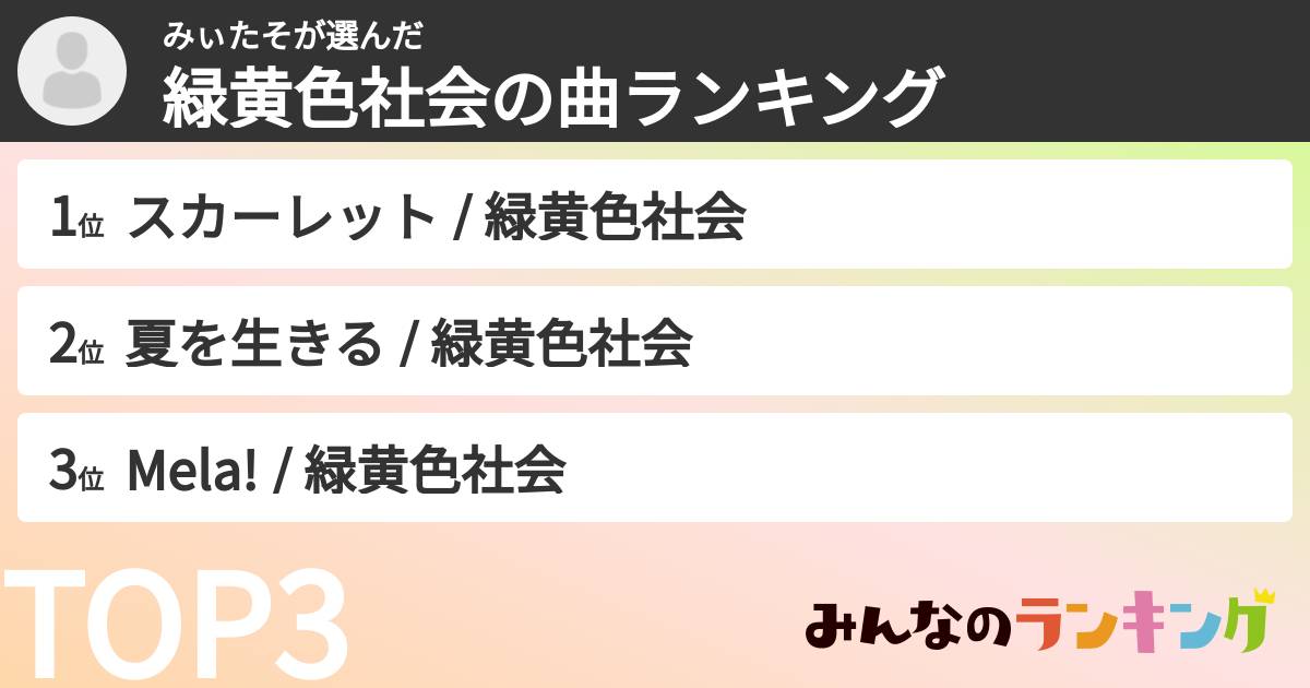 みぃたそさんの「緑黄色社会の曲ランキング」