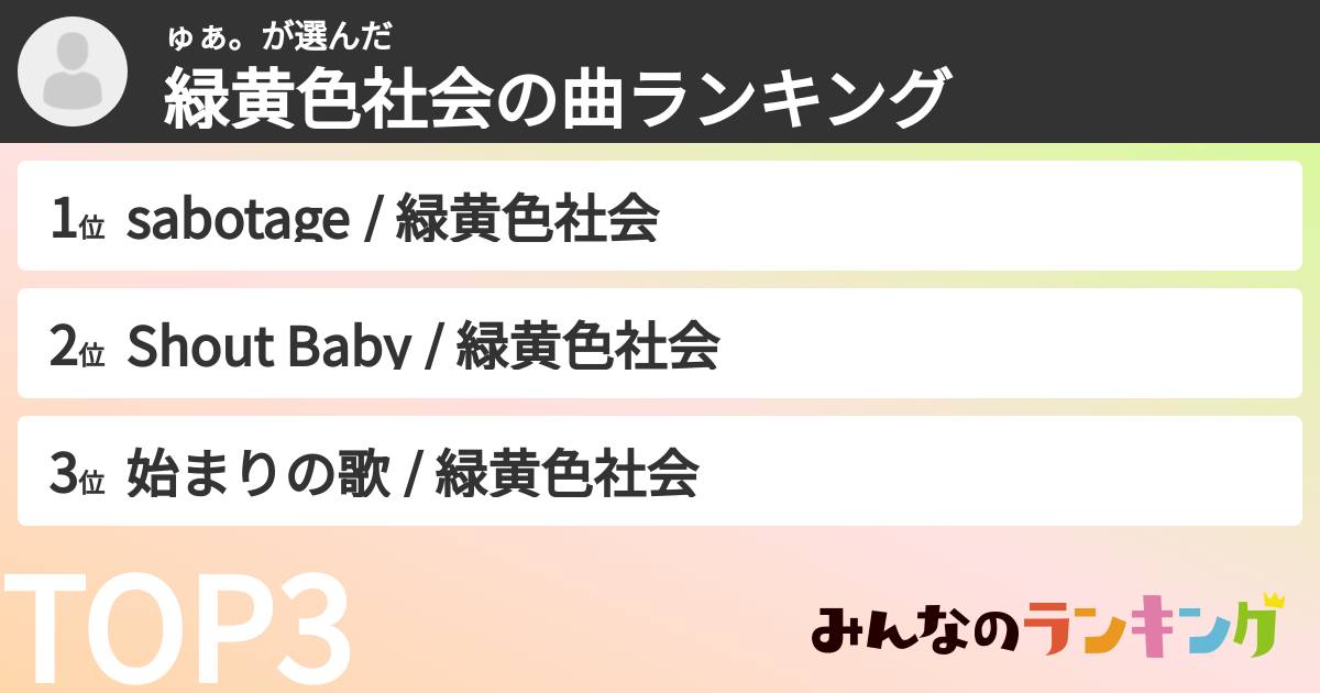 ゅぁ。さんの「緑黄色社会の曲ランキング」