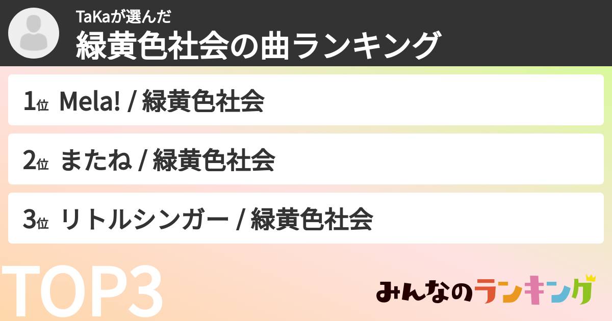 TaKaさんの「緑黄色社会の曲ランキング」