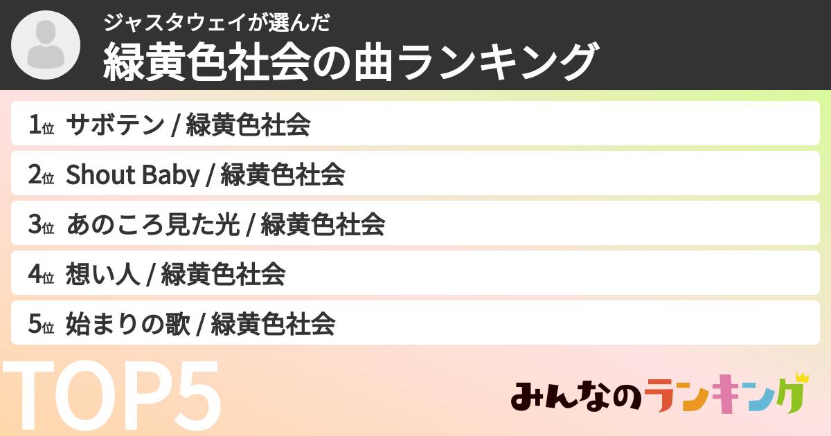 ジャスタウェイさんの「緑黄色社会の曲ランキング」