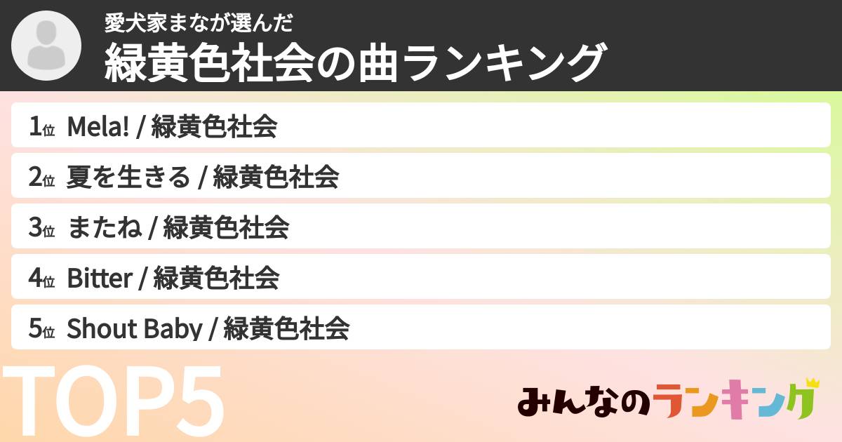 愛犬家まなさんの「緑黄色社会の曲ランキング」