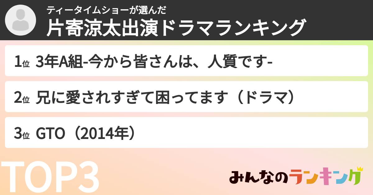 ティータイムショーさんの「片寄涼太出演ドラマランキング」