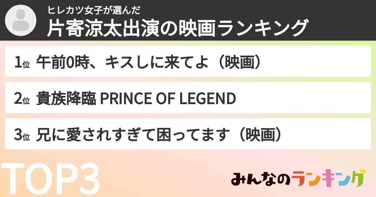 ヒレカツ女子さんの「片寄涼太出演の映画ランキング」